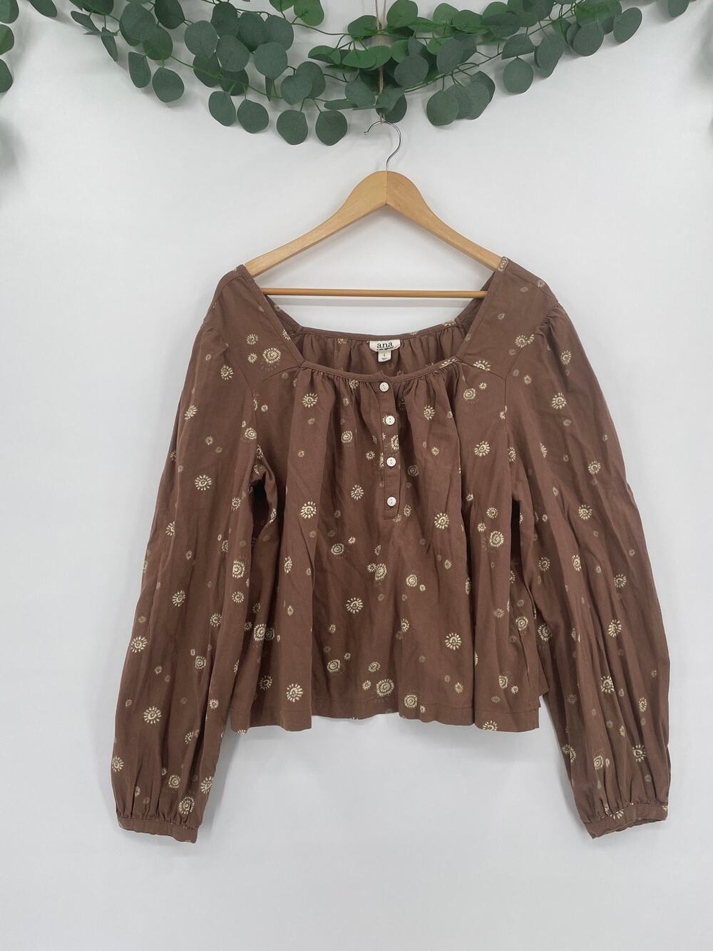 a.n.a a new approach 100% Cotton Brown Floral BOHO Off The Shoulder Fit Blouse L